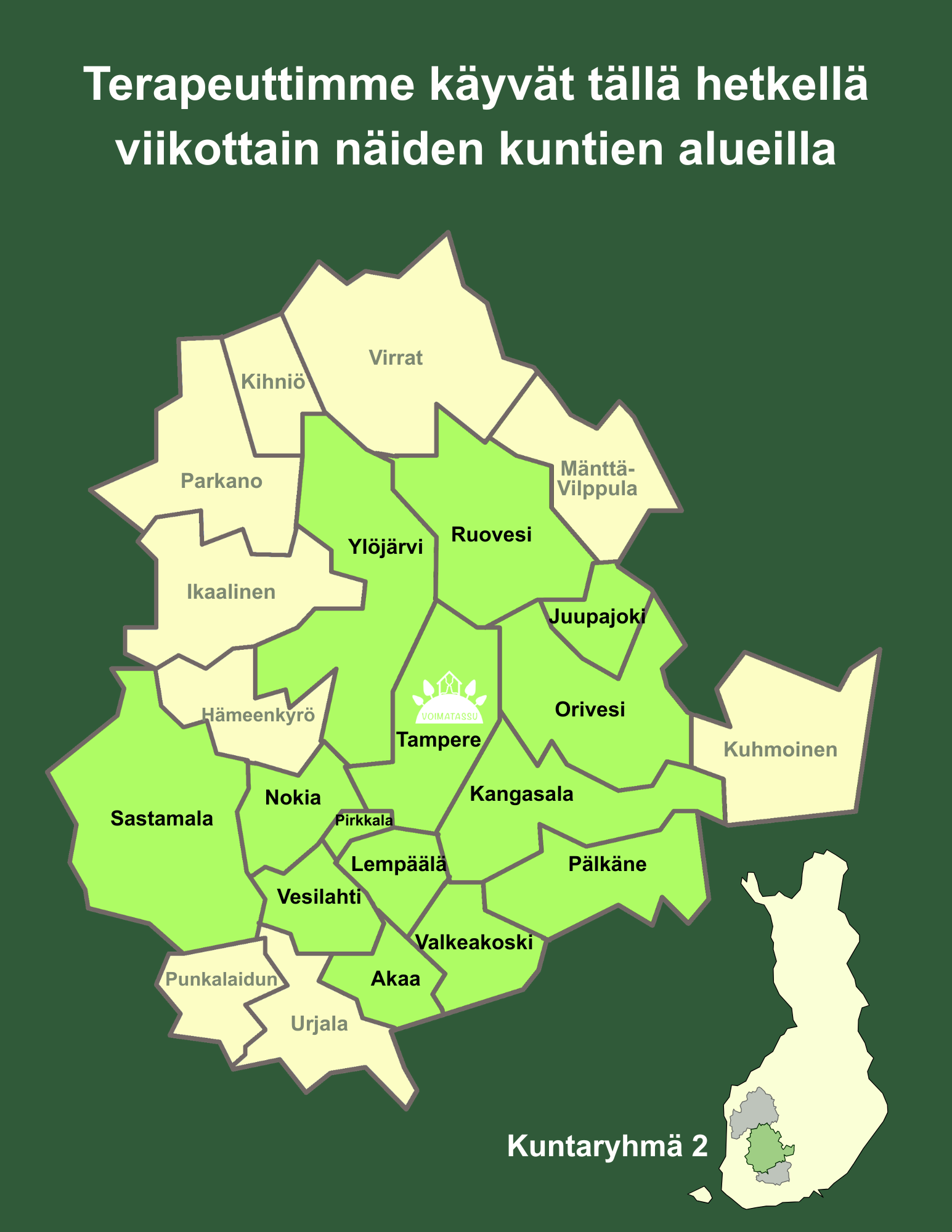 Kartta Voimatassun toiminta-alueesta Pirkanmaalla. Kunnat on lueteltu viereisessä listassa.